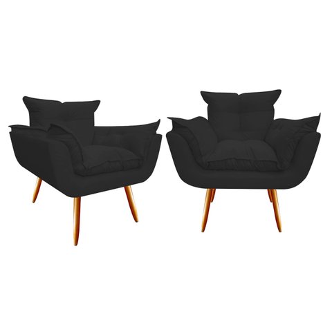 Kit 2 Poltronas Decorativa Opala Suede Preto Pés Madeira Ms Decor