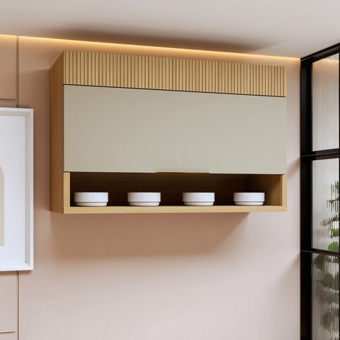 Armário Aéreo 1 Porta Basculante e Nicho 120cm 100% MDF Realeza Premium Bege/Carvalho/Greige