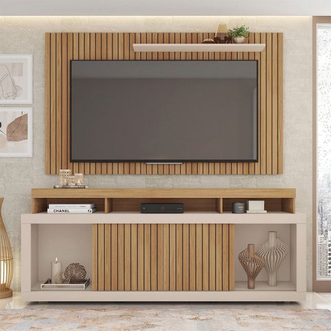 Conjunto Painel e Rack Bancada Toquio 180cm Mdp Portas de Correr Ripado Buriti/offwhite G11-gran Bel