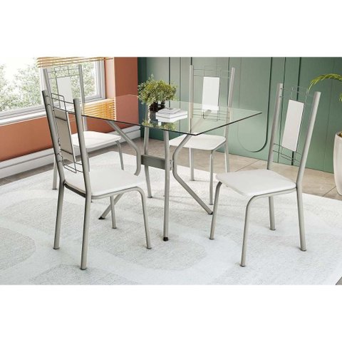 Conjunto: Mesa Sala Jantar Loire C/ Tampo de Vidro 120x80cm e 4 Cadeiras Florença Niquel - Branco