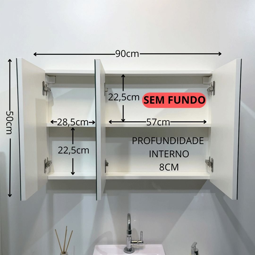 Espelho para Banheiro Armário 3 Portas - 90cm - 4