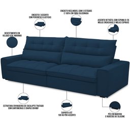 Sofá Retrátil Reclinável para Sala de Estar Living 250cm Dimas F04 Veludo Azul - Lyam Decor - 3