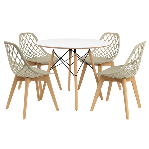 Conjunto Mesa Chanfrada Branca Eames 90cm + 4 Cadeiras Fendi Kaila Wood - La Mobilia