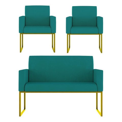 Kit Poltronas Namoradeira Lugares Recepção Base Dourada Azul Turquesa