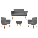 Ver imagem 1 de Kit Namoradeira + 2 Poltronas Decorativa Nina + Puff Redondo Suede Cinza Pés Madeira Mz Decor