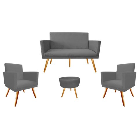 Kit Namoradeira + 2 Poltronas Decorativa Nina + Puff Redondo Suede Cinza Pés Madeira Mz Decor