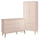 Ver imagem 1 de Jogo de Quarto Infantil Theo Guarda Roupa 2 Portas e Cômoda Rosa Fosco com Pés Madeira Natural - Rel