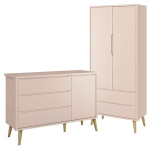 Jogo de Quarto Infantil Theo Guarda Roupa 2 Portas e Cômoda Rosa Fosco com Pés Madeira Natural - Rel