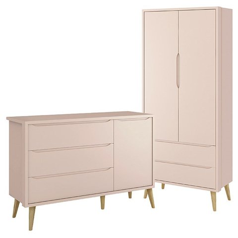 Jogo de Quarto Infantil Theo Guarda Roupa 2 Portas e Cômoda Rosa Fosco com Pés Madeira Natural - Rel