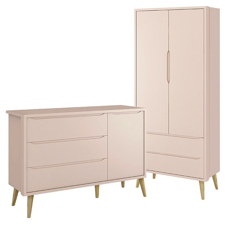 Jogo de Quarto Infantil Theo Guarda Roupa 2 Portas e Cômoda Rosa Fosco com Pés Madeira Natural - Rel