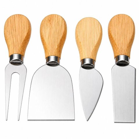 Kit para Queijo e Petiscos 4 Peças Aço Inox e Madeira Servir Frios e Aperitivos Utimix