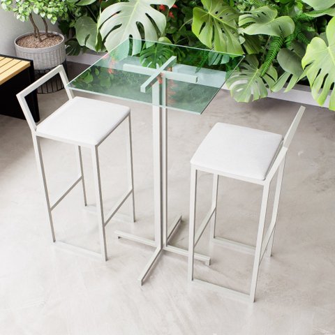 Conjunto Mesa Alta Bar Bistrô Quadrada Vidro 2 Banquetas Confort Estofado White Don Castro