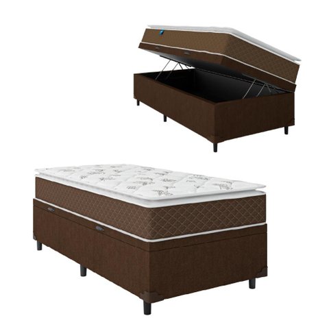 Cama Box Baú Solteiro Colchão Molas Ensacadas Pillow Top Martino 88x188x66cm Marrom/Branco