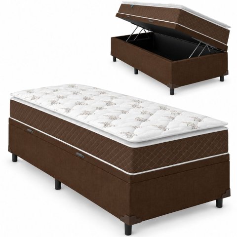 Cama Box Baú Solteiro Colchão Molas Ensacadas Pillow Top Martino 88x188x66cm Marrom/Branco