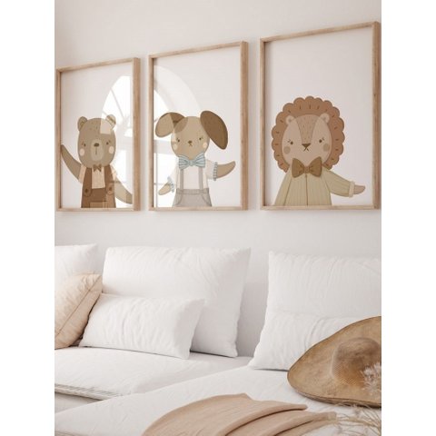 Kit 3 Quadros Infantil Animais Fofos Quarto Bebê Menino Menina 40x60 Moldura Madeira NO1