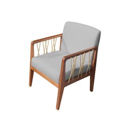 Kit 02 Poltronas Barcelona Linho Cinza Com Corda Náutica Champagne Base Fixa de Madeira - D'Rossi - 3