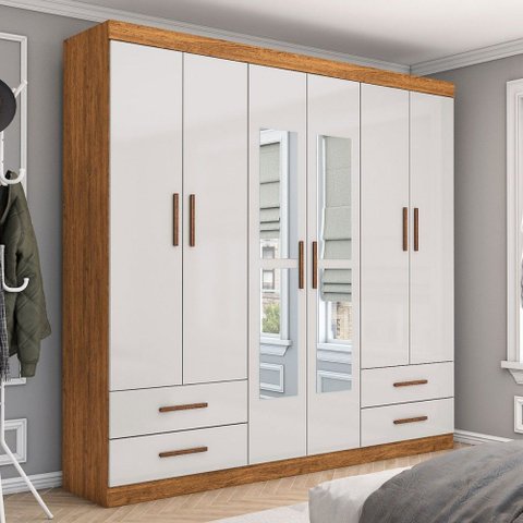 Guarda-roupa Casal Genova 6 Portas 4 Gavetas com Espelho Cinamomo/off White - Carioca Móveis