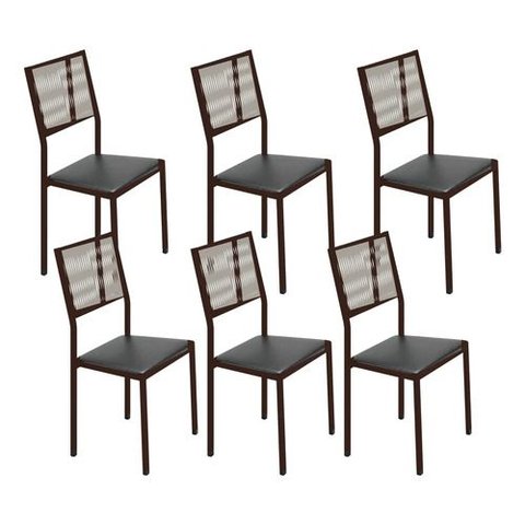 Kit 6 Cadeiras Maia Corino Preto e Fibra Nautica Champanhe Tubo Marrom Cafe