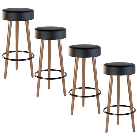 Kit 4 Banquetas Banco Alto Londres Couro Preto Bar Cozinha Pés Madeira Mz Decor