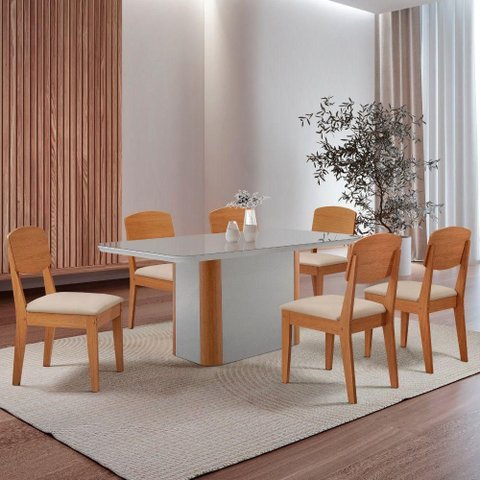 Mesa de Jantar Isadora 180cm Tampo MDF Vidro com 6 Cadeiras Veludo Creme Off White Naturale