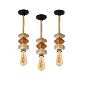 3 Pendentes Verticais de Madeira com Corda Jaspe com Lampada
