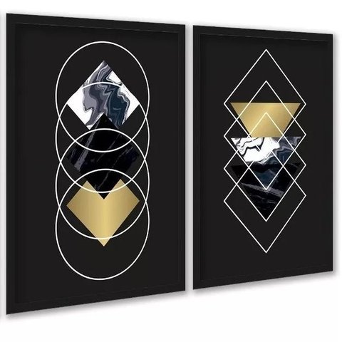 Kit 2 Quadros Geométricos Preto Dourado Mármore 24x18cm - com Vidro:moldura Preta