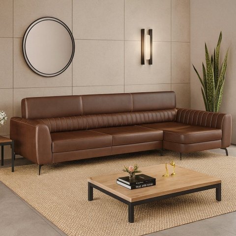 Sofá em Corino 344cm com Chaise 4 Lugares Pés em Metal Linha Premium Maximu