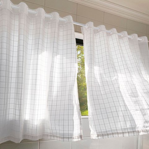 Cortina para Cozinha Branca de Voil 2,00 X 1,20m com Ilhós Artesanal Xadrez Rústico com Forro