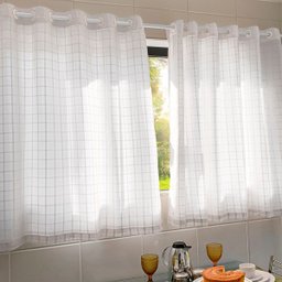 Cortina para Cozinha Branca de Voil 2,00 X 1,20m com Ilhós Artesanal Xadrez Rústico com Forro - 2