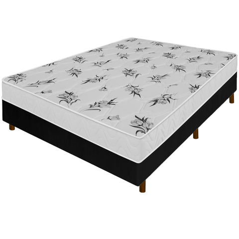 Cama Box Preta + Colchão Viúva Castelar Branco Espuma D33 Bordado 128x188x57cm