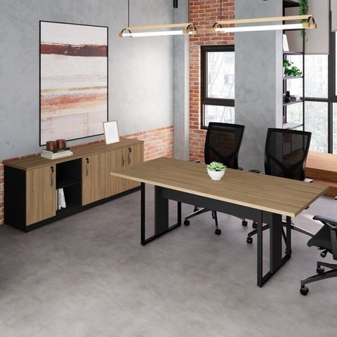 Conjunto para Escritório com Mesa de Reunião 6 Lugares e 2 Armários Baixos com Chave Espresso Móveis Macadâmia Preto Marrom