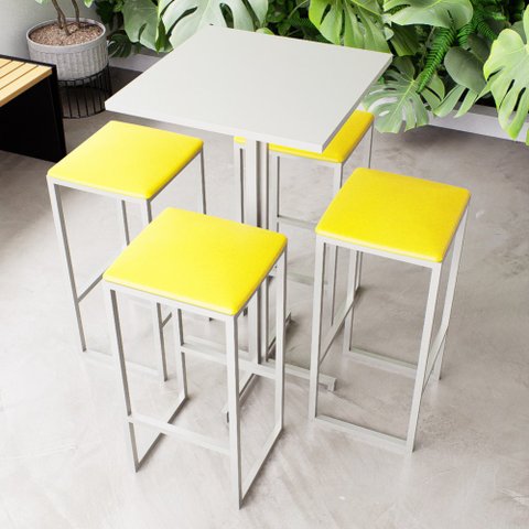 Conjunto Mesa Alta Bar Bistrô Quadrada Branca 4 Bancos Estofado Don Castro Decor