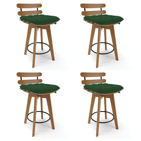 Kit 04 Banquetas Giratória Costela Verde Base Madeira