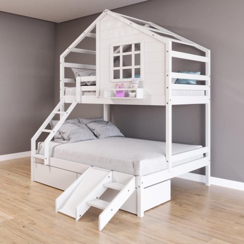 Beliche Casinha com Janela Casal/Solteiro com 02 Gavetas e Kit Escada/Escorregador Madeira Maciça