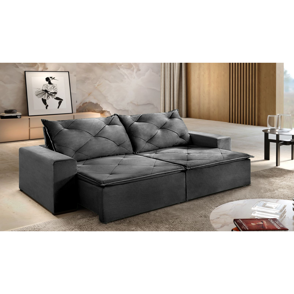 Sofá Retrátil Reclinável 2,90 Cinza Lisboa PillowTop 8 cm MadeiraMadeira