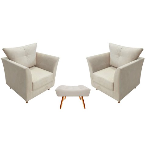 Kit 2 Poltronas Decorativa Isis + Puff Retangular Couro Bege Pés Madeira Mz Decor