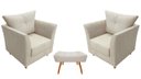 Ver imagem 1 de Kit 2 Poltronas Decorativa Isis + Puff Retangular Couro Bege Pés Madeira Mz Decor