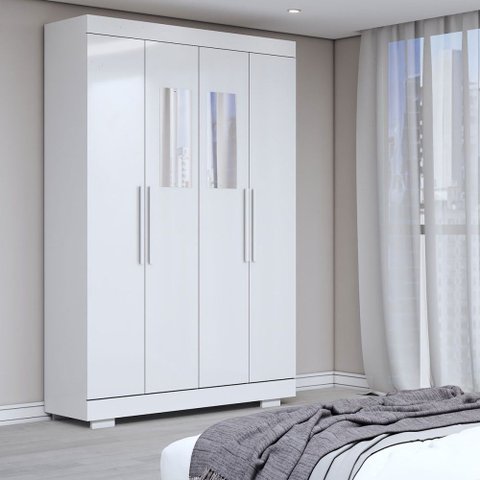 Guarda-roupa Solteiro Splendore 4 Portas 2 Gavetas com Espelho 100% Mdf com Pé Branco - Panorama Móv
