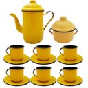 Ver imagem 1 de Kit Bule Café Chá Com 6 Xícaras Pires Açucareiro Aço Esmaltado Amarelo