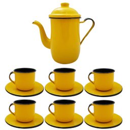 Kit Bule De Café E Chá Com 6 Xícaras e Pires Aço Esmaltado Amarelo - 1
