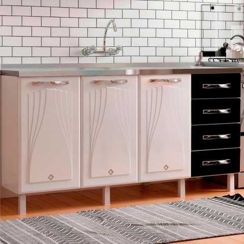 Armário de Cozinha Compacta para Pia em Aço Star New 3 Portas 4 Gavetas Branco/preto - Pnr Móveis