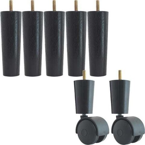 Kit de 5 Pés para Móveis Cama Box Casal Pé Palito 2 Rodízio Tabaco