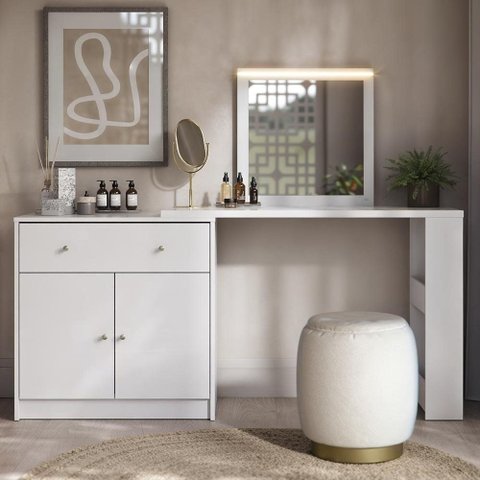 Penteadeira Camarim Belle com Espelho e LED 1 Gaveta MDF-MDP Branco Mpozenato