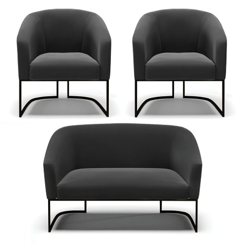 Sofá Namoradeira e 2 Poltronas Base Industrial Preto Stella Sued Preto D03 - D'Rossi