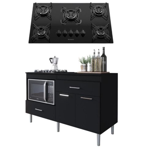 Conjunto Balcão de Cozinha 1,40m Turim com Cooktop 5 Bocas Essencial 2 Portas 2 Gavetas Preto