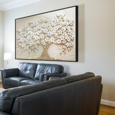 Quadro Decorativo Árvore da Vida Flores Brancas Sala Quarto Casa Escritório