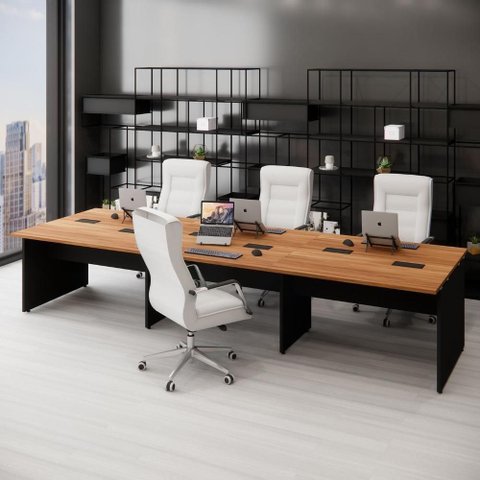 Plataforma de Trabalho 6 Lugares Pé Painel MDF-MDP 360cm Nogal com Preto F5 Office