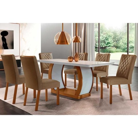 Conjunto: Mesa Sala Jantar Jade Tampo Madeirado C/ Vidro Canto Curvo 180x90 e 6 Cadeiras Jade Imbuia