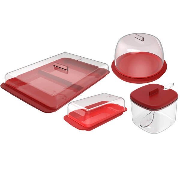 Conjunto Porta Frios Mantegueira Porta Queijo Minas e Açucareiro Vermelho