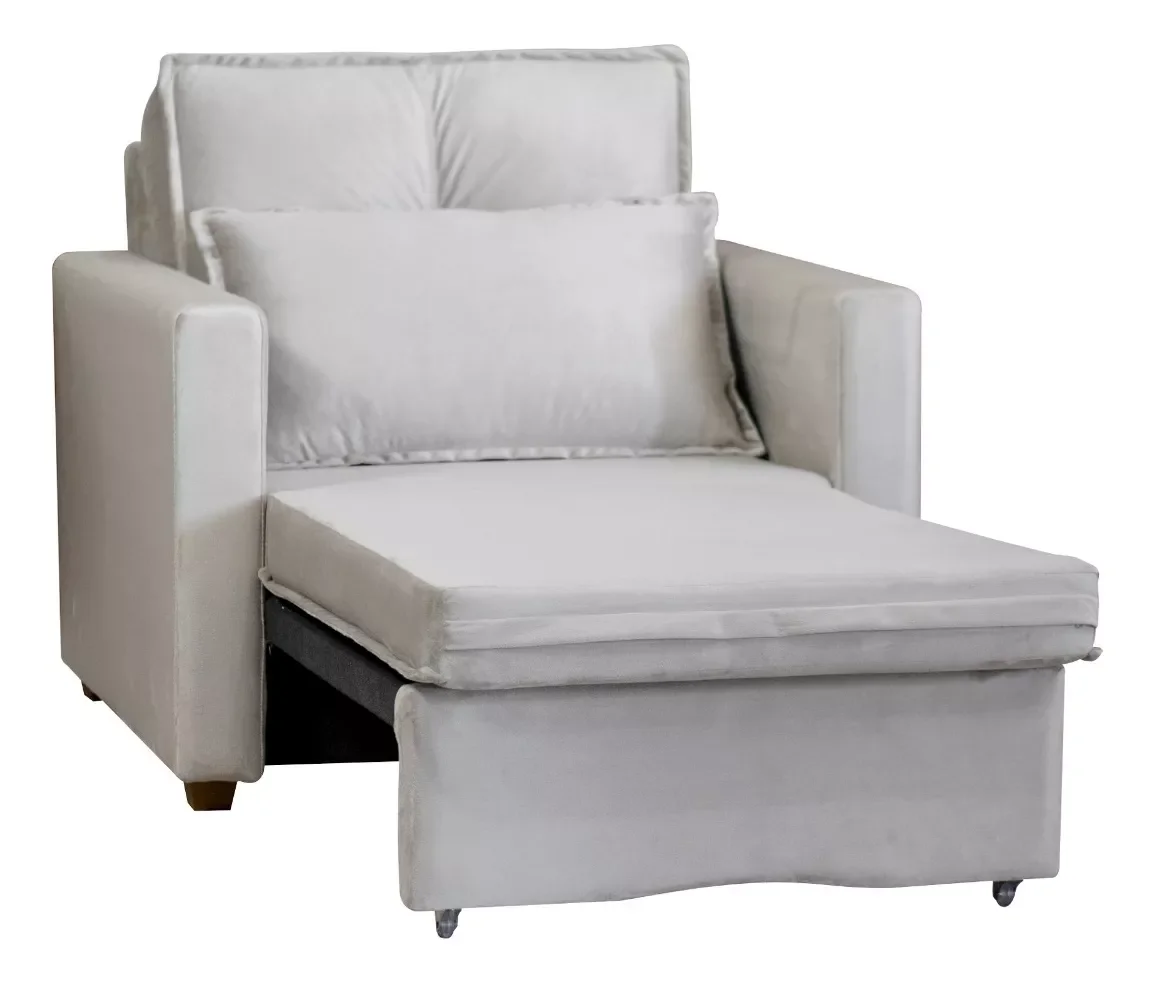 Ver imagem 5 de Poltrona Cama Solteiro Assento Dobrável Veludo Bege Sleep - Harmônica Móveis